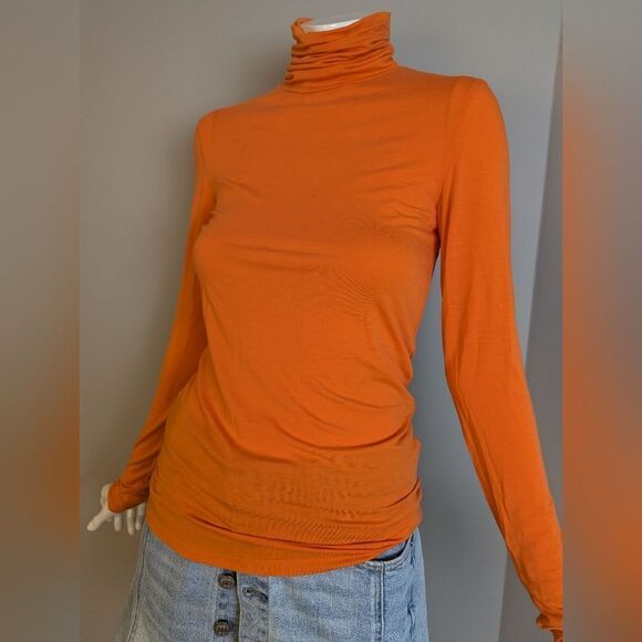 Massimo Dutti Orange Turtleneck Top XS Soft Stretch Lyocell Long Sleeve Fall Bas - Picture 2 of 8